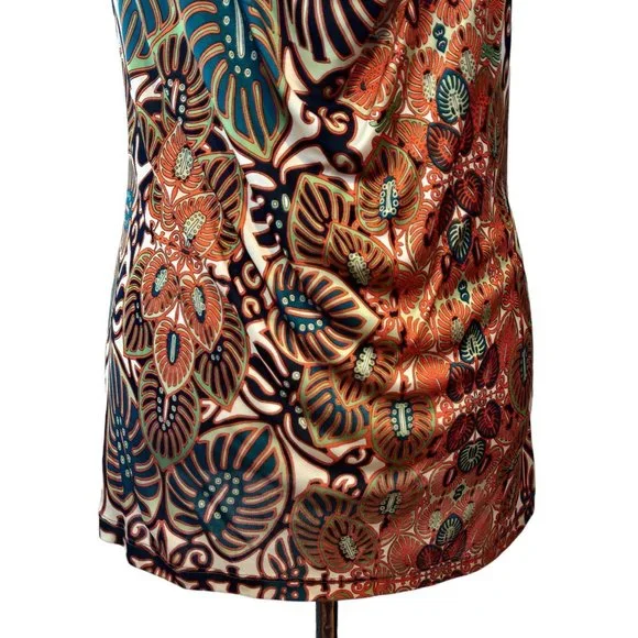 Jean Paul Gaultier Soleil Womens Earth Tone Palm Leaf Print Drape Neck S/S Top L